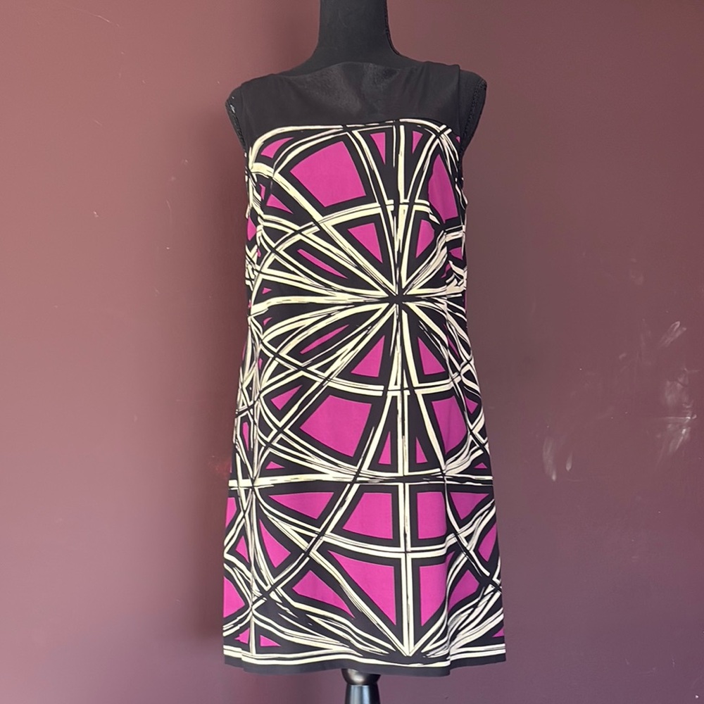 Chic Geometric Silk Dress by Nicole Miller in Purple with Ivory and Black, 8